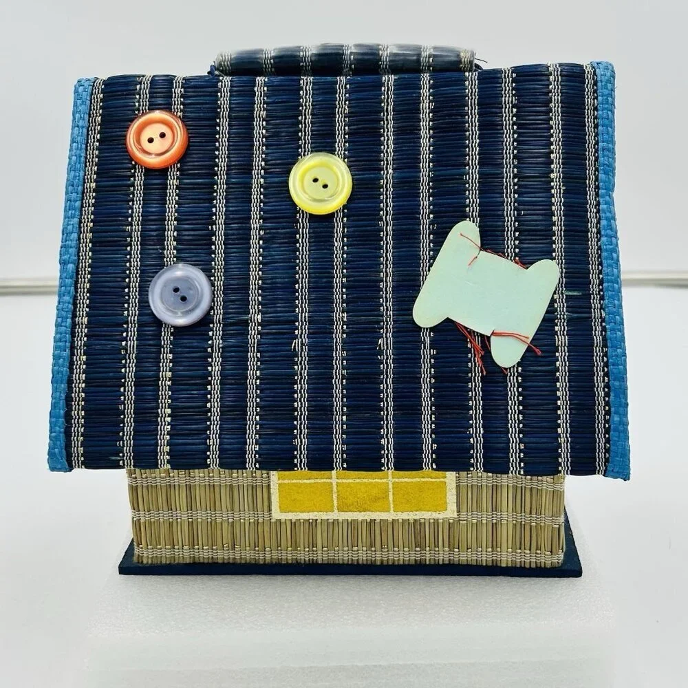 Vintage House Shaped Sewing Case Kit Box Bamboo Woven Japan Satin Lined